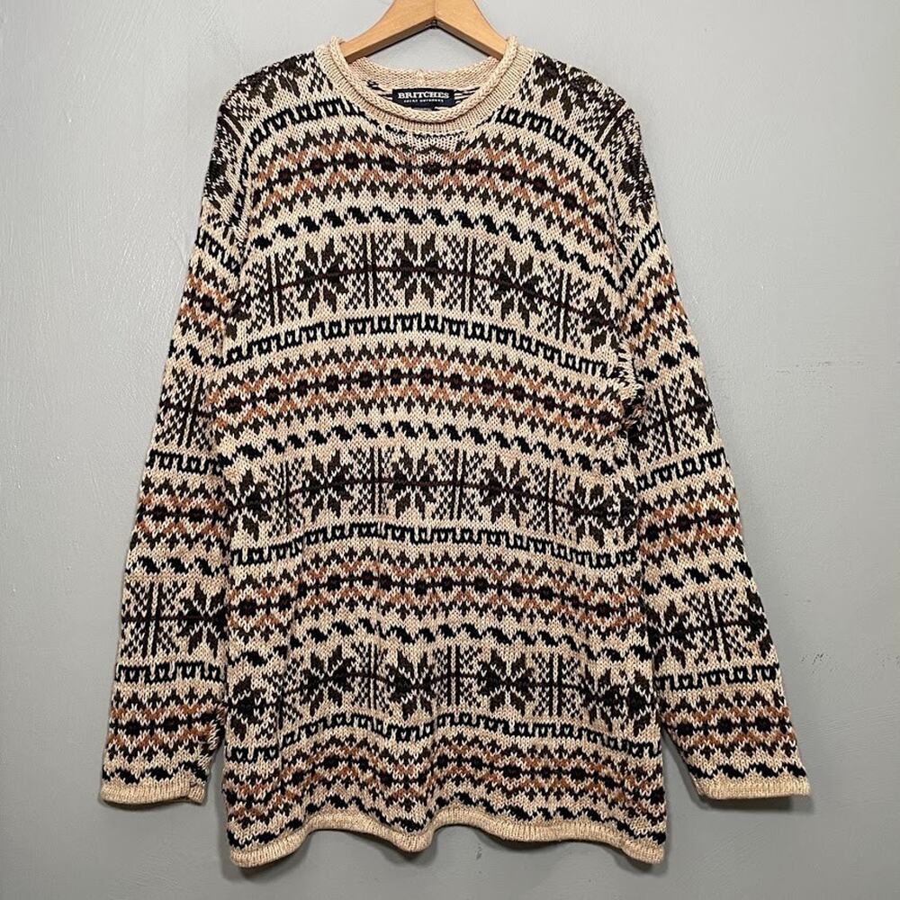 Vintage Fair Isle Roll Neck Sweater Unisex Size Large Chunky Knit Fisherman